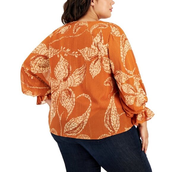 VINCE CAMUTO Plus Size Orange Blouson-Sleeve Smocked-Cuff V-Neck Blouse NWT - Picture 3 of 5